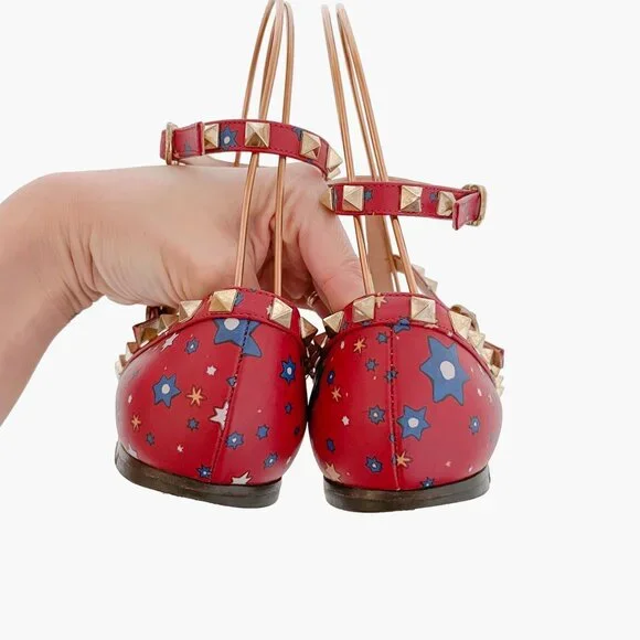 Valentino Garavani Rockstud Caged Flats EU 37.5 US 7.5 Red Stars Studded Ballet - Picture 6 of 13
